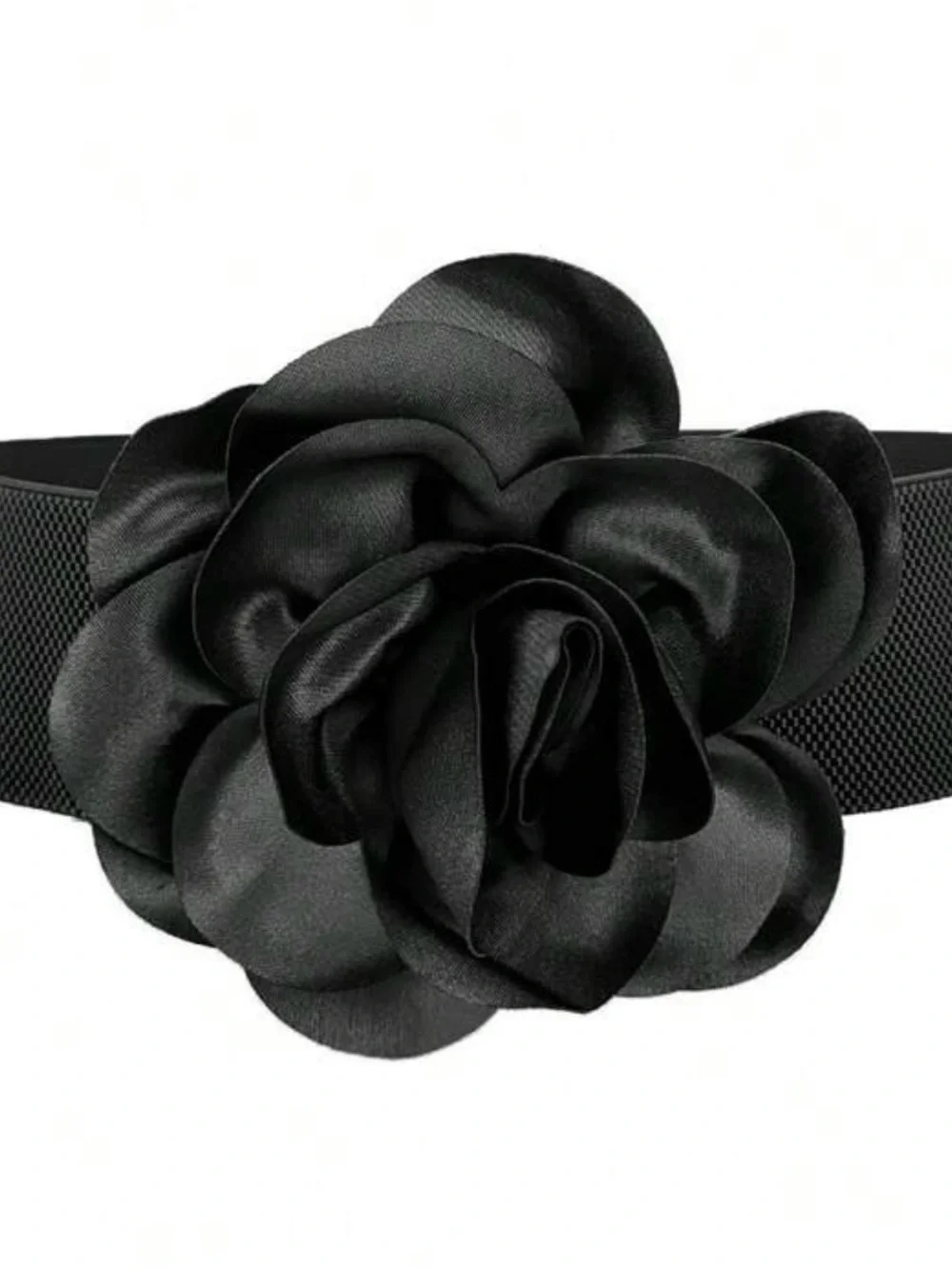 Black Floral Elastic Waist Belt - Classic Flower Accent